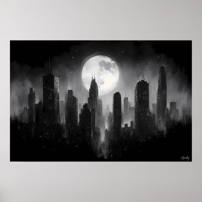 Månbelyst stadsutsikt med fullmåne - svart vitt poster (Framsidan)