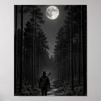 Månbelyst tallskogsvandrare med gitarr svart och poster
