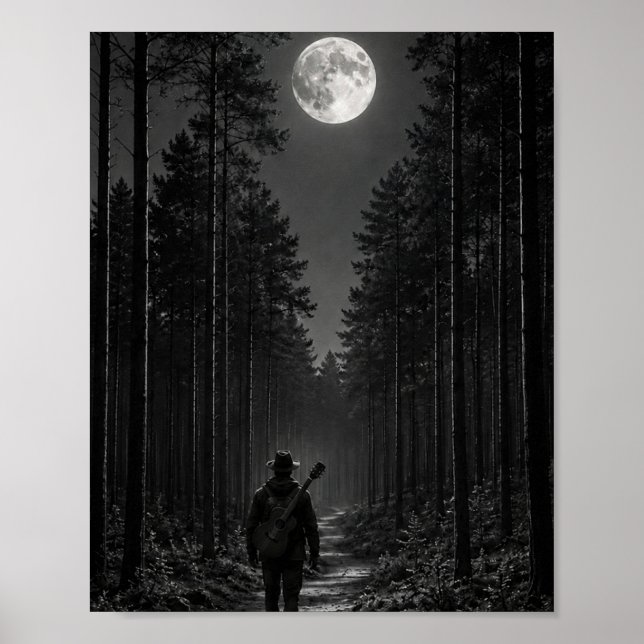 Månbelyst tallskogsvandrare med gitarr svart och poster (Framsidan)