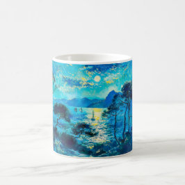 Månbelyst vik med båtar Impressionistisk nattstyck Kaffemugg