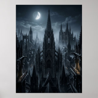 Månbelysta gotiska stads tornspetsar poster