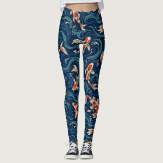 Månbelysta Koi-fiskar Blå Våg Heltryck Leggings
