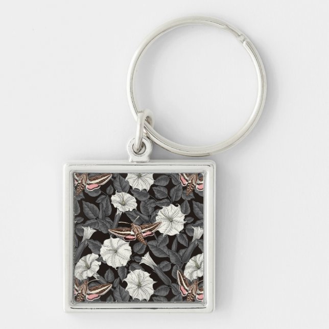 Månblommor och sfinxmånader 2 fyrkantig silverfärgad nyckelring (Framsidan)