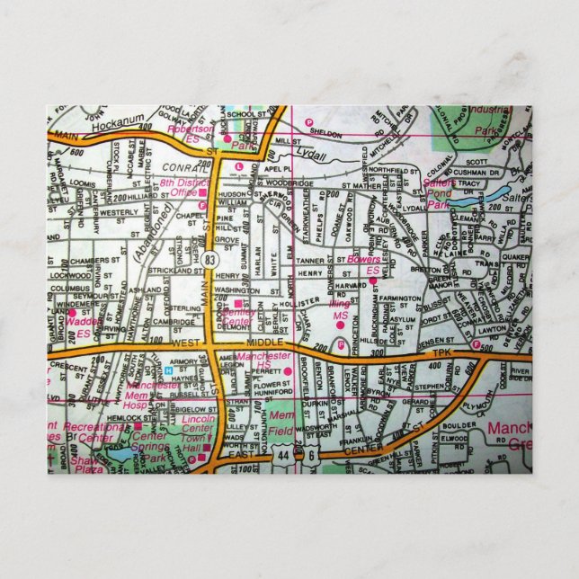 MANCHESTER, CT Vintage Karta vykort (Framsida)