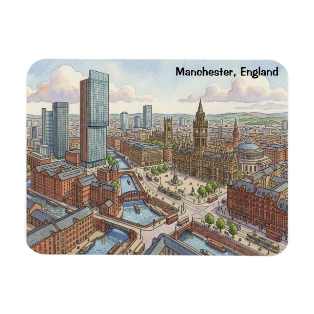Manchester England Akvarell Illustration Magnet (Horisontell)