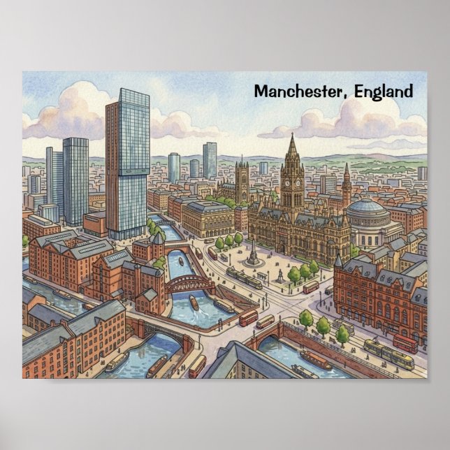 Manchester England Akvarell Illustration Poster (Framsidan)