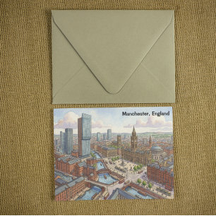 Manchester England Akvarell Illustration Vykort