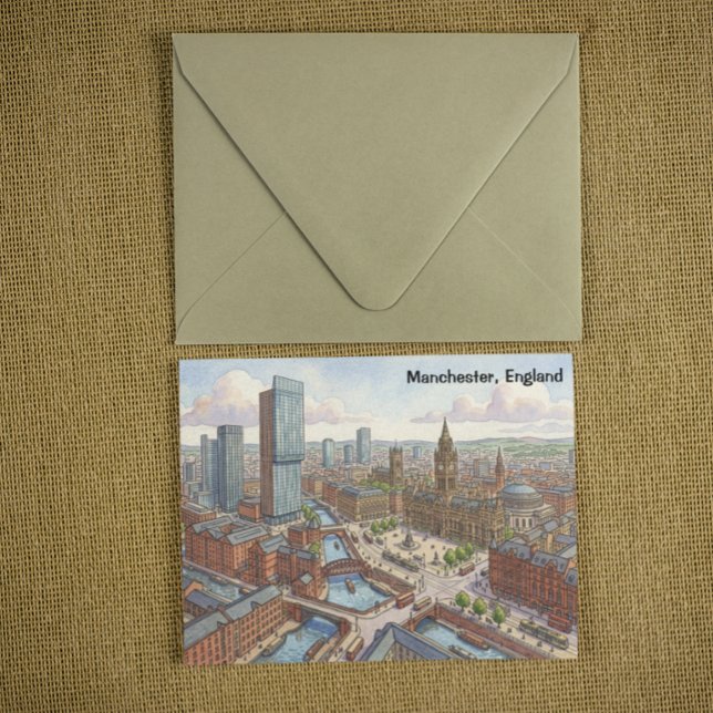 Manchester England Akvarell Illustration Vykort (Manchester England Watercolor Illustration Postcard)