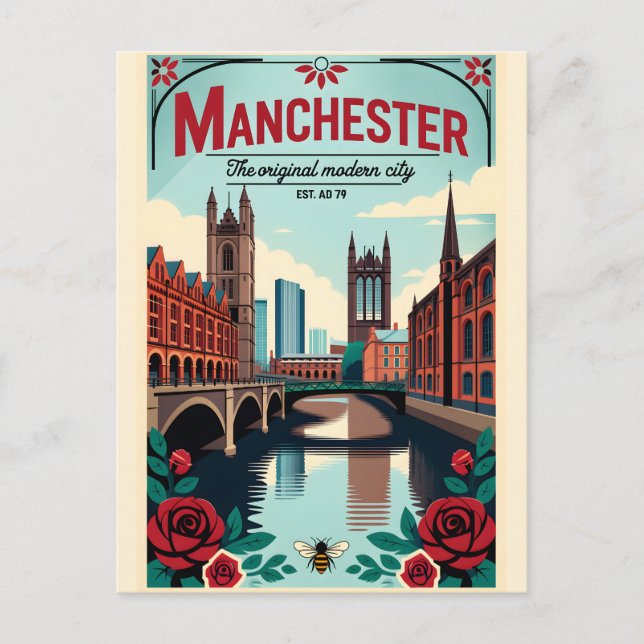 Manchester England Retro Resemålkningsaffisch Kons Vykort (Framsida)