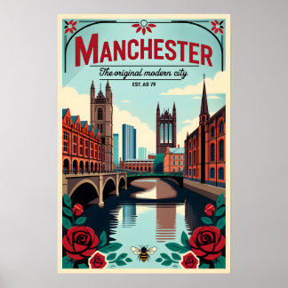 Manchester England Retro Resemålningaffisch Konst Poster