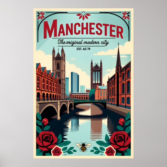 Manchester England Retro Resemålningaffisch Konst Poster (Framsidan)