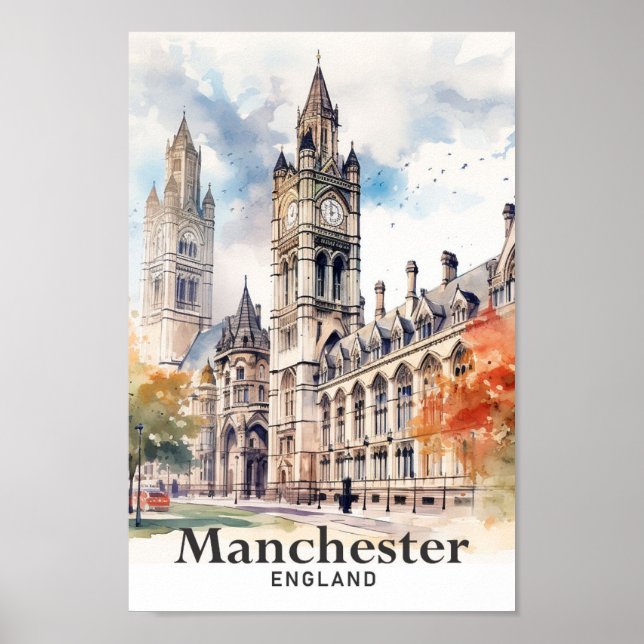 Manchester England Watercolor Painting Travel Poster (Framsidan)