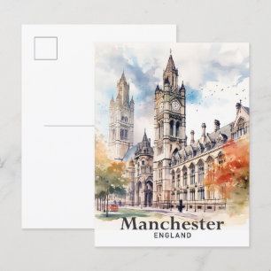 Manchester England Watercolor Painting Travel Vykort