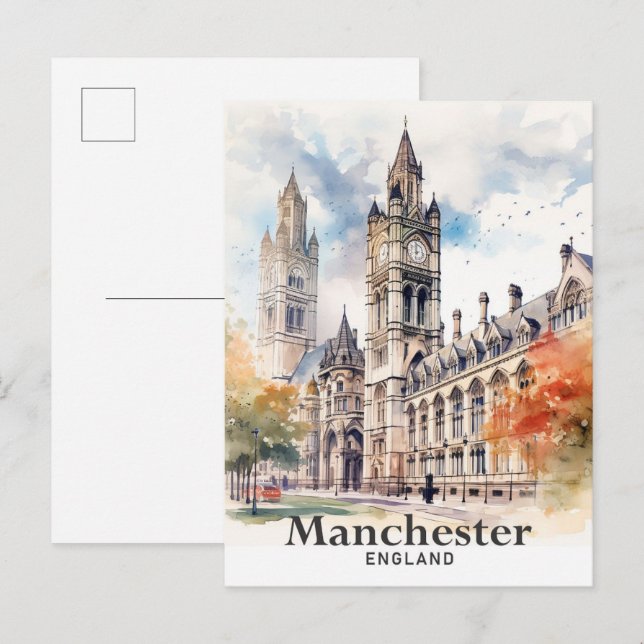 Manchester England Watercolor Painting Travel Vykort (Fram/baksida)