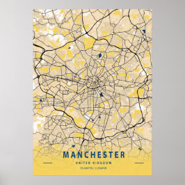Manchester - Förenade kungarikets Gult City Karta Poster