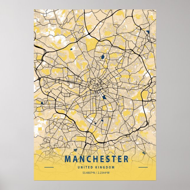 Manchester - Förenade kungarikets Gult City Karta Poster (Framsidan)
