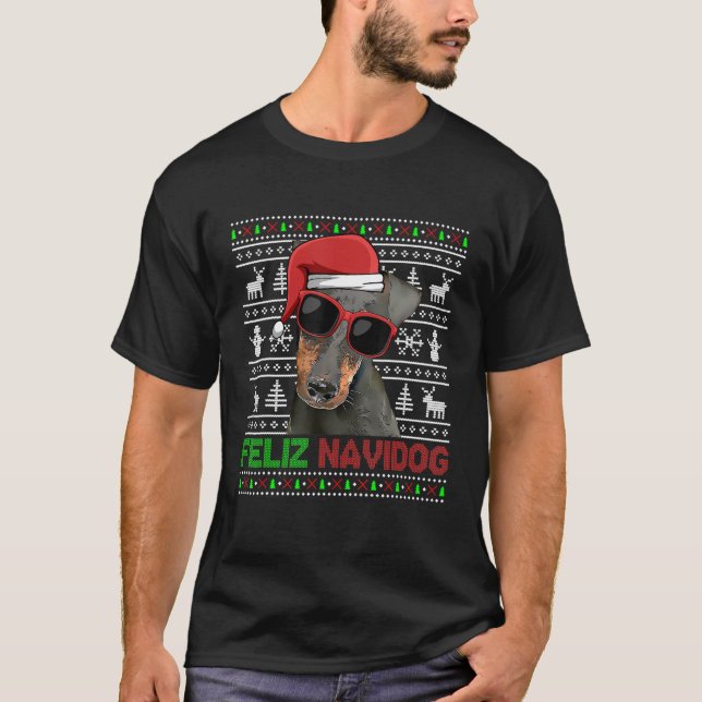 Manchester Terrier Hund Feliz Navidog Funny Christ T Shirt (Framsida)