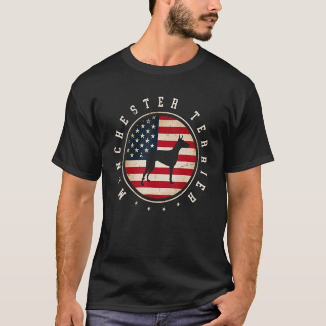 Manchester Terrier USA flagga 4 juli Hund Pappa T Shirt (Framsida)
