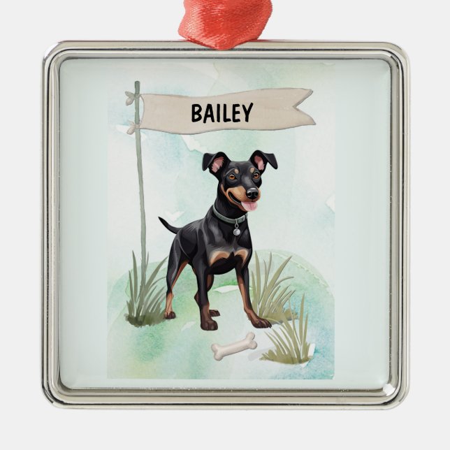 Manchester Terrier Watercolor Personalized Dog Julgransprydnad Metall (Framsidan)
