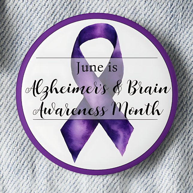 Måndag för Alzheimers och hjärnans medvetenhet Knapp (Alzheimers and Brain Awareness Month. June. Purple awareness ribbon.)