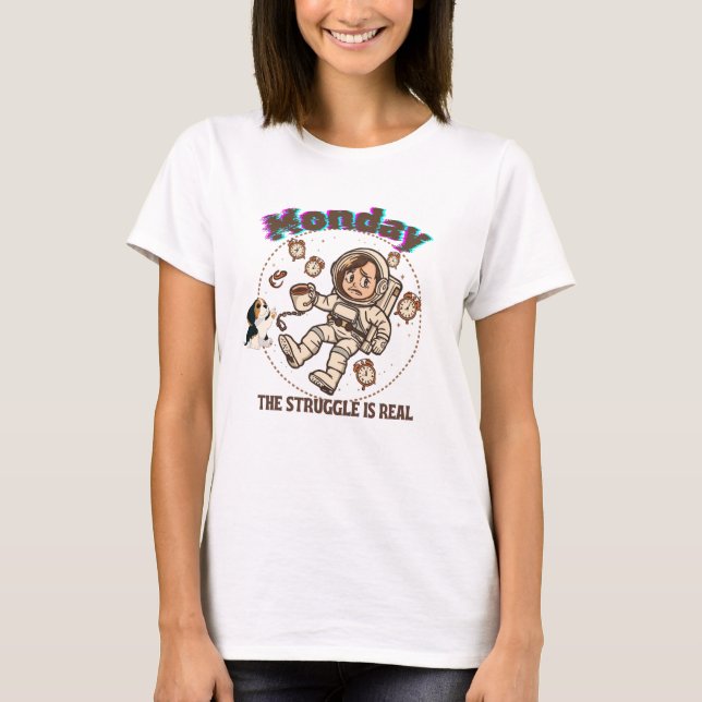 Måndags Rymdstrid Astronaut Kaffe & Valp T Shirt (Framsida)