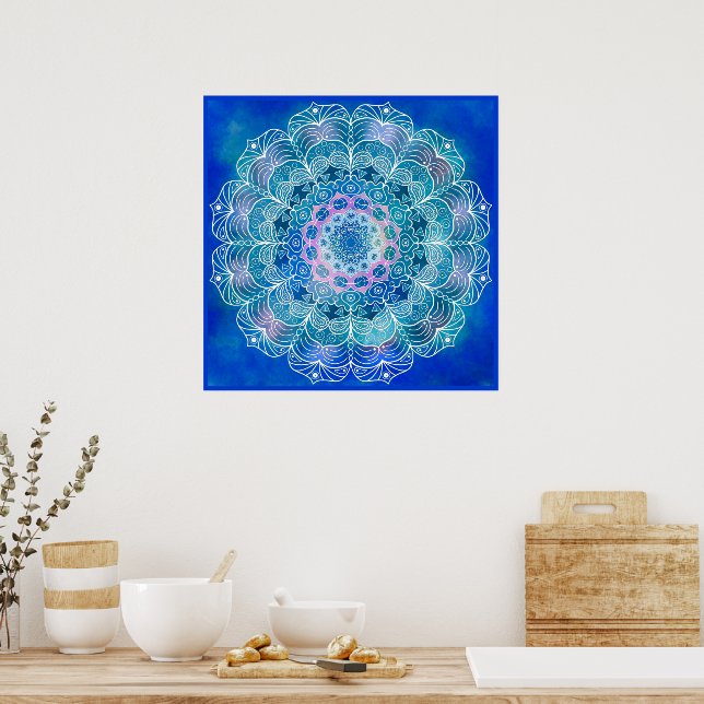 Mandala 12 Blue Teal on blue Background - Poster (Kök)