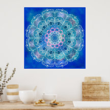Mandala 12 Blue Teal on blue Background - Poster