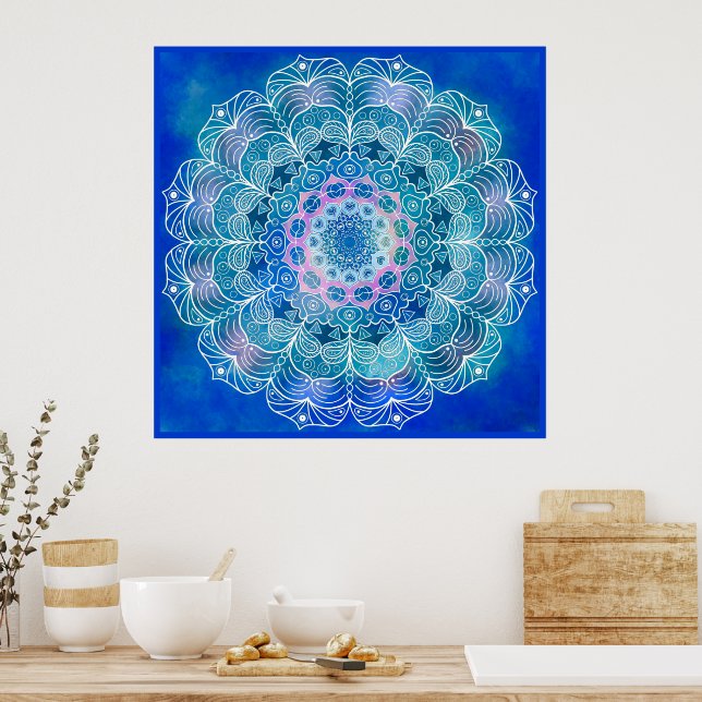 Mandala 12 Blue Teal on blue Background - Poster (Kök)