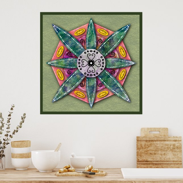 Mandala 8 grönt Blomblad på Poster oliver (Kök)