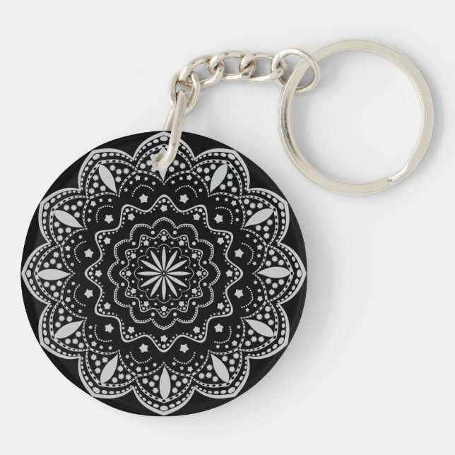 Mandala Akryl Nyckelring | Svart och Grå (Baksidan)