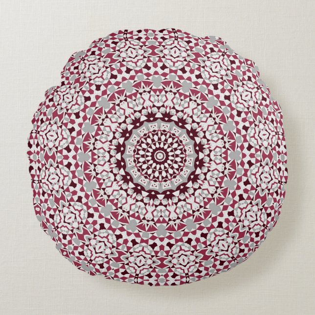 Mandala är burgundy-grått rund kudde (Framsidan)