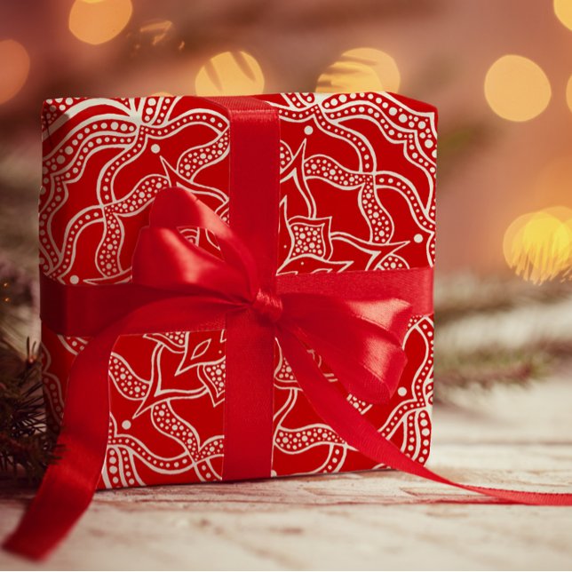Mandala Art Boho Chic Elegant Vit röd jul Presentpapper (Skapare uppladdad)