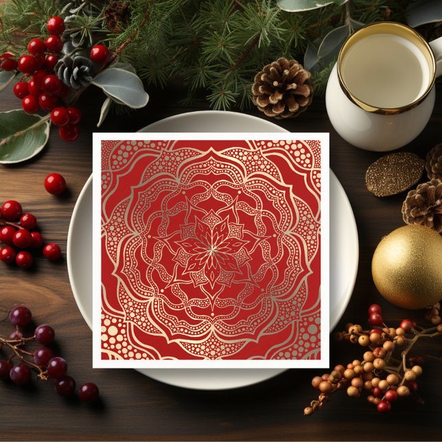 Mandala Art Boho Elegant Guld Mörk Red jul Pappersservett (Skapare uppladdad)