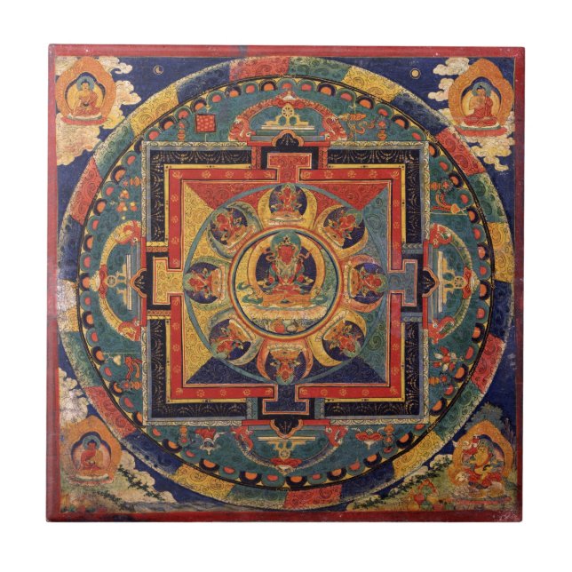 Mandala av Amitayus. det 19th tibetana århundradet Kakelplatta (Framsidan)