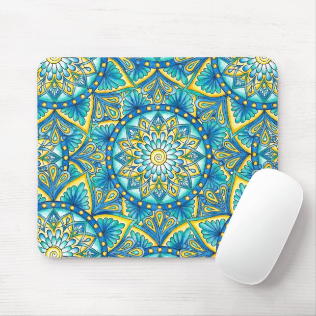 Mandala Blå Gul Turkos Mönster Musmatta (Med mus)