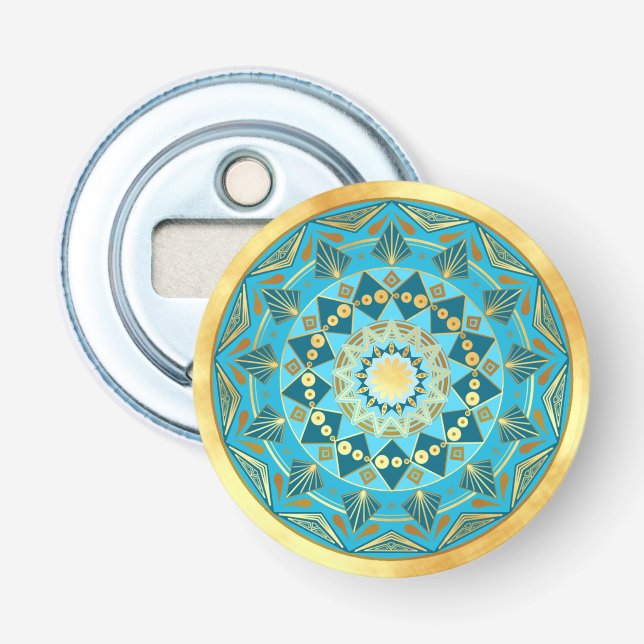 Mandala blå guld på mjuk guld bakgrund flasköppnare (Framsidan)
