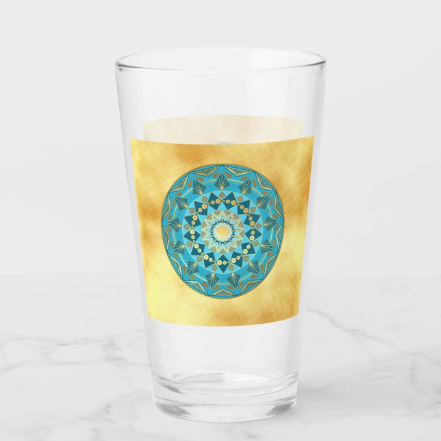 Mandala blå guld på mjuk guld bakgrund glaskopp (Baksida)
