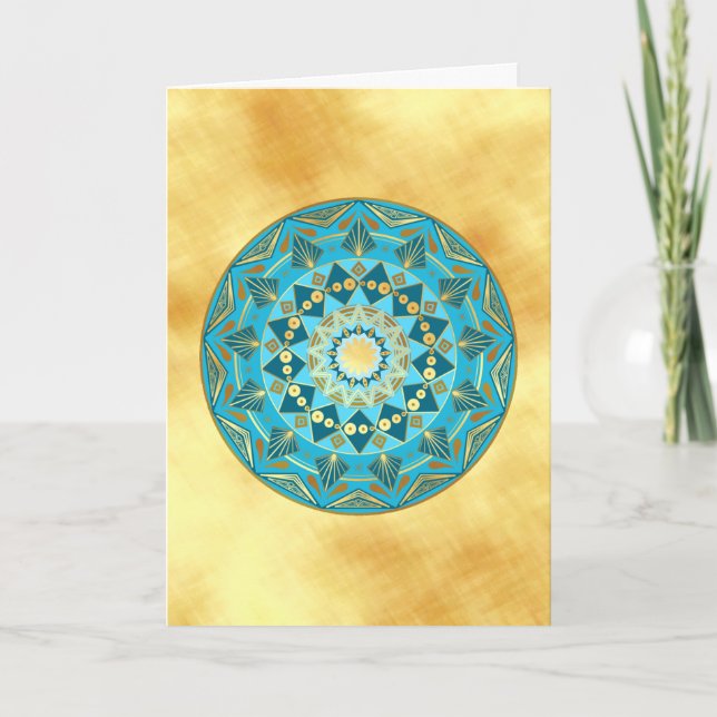 Mandala blå guld på mjuk guld bakgrund inbjudan (Framsida)