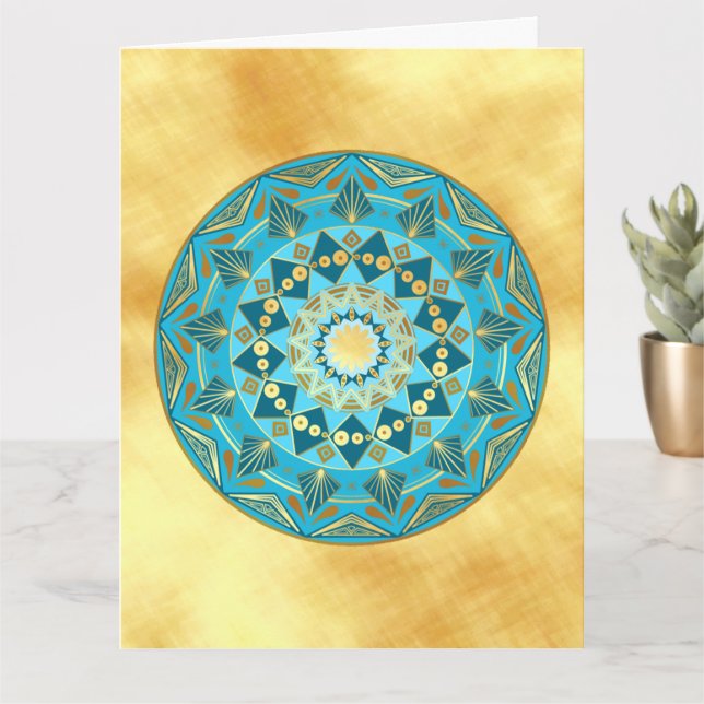 Mandala blå guld på mjuk guld bakgrund kort (Liten växt)