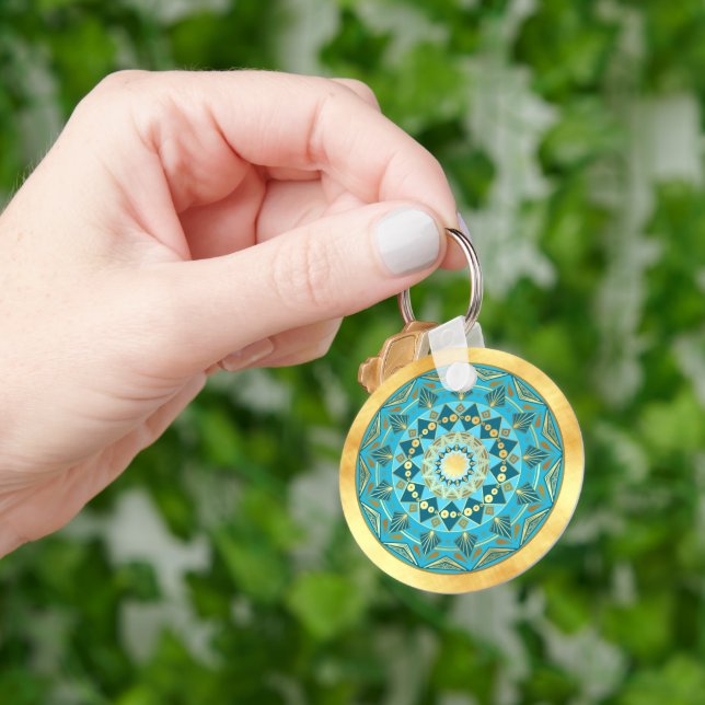 Mandala blå guld på mjuk guld bakgrund nyckelring (Hand)