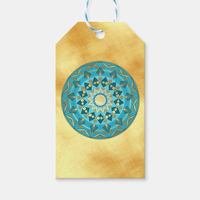 Mandala blå guld på mjuk guld bakgrund presentetikett (Framsidan)