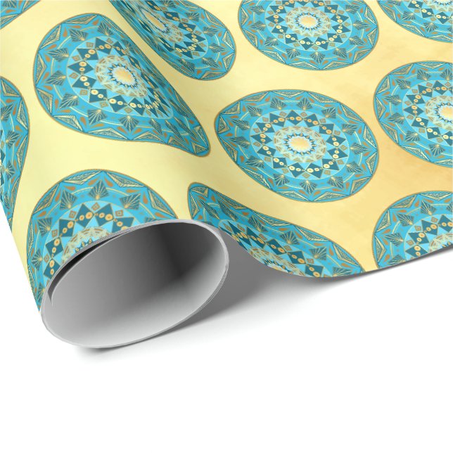 Mandala blå guld på mjuk guld bakgrund presentpapper (Rullad Hörn)