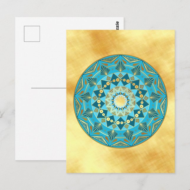 Mandala blå guld på mjuk guld bakgrund vykort (Fram/baksida)