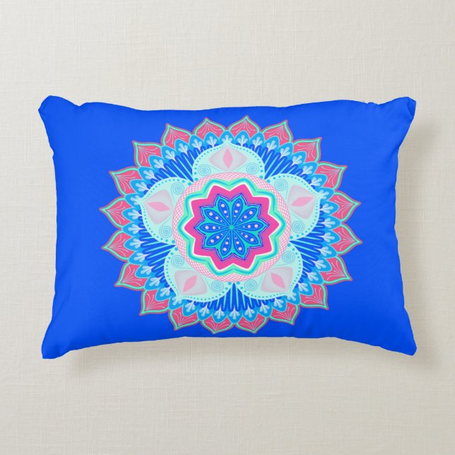 Mandala Blå Rosa på Blå Bakgrund Prydnadskudde (Framsidan)