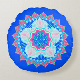 Mandala Blå Rosa på Blå Bakgrund Rund Kudde