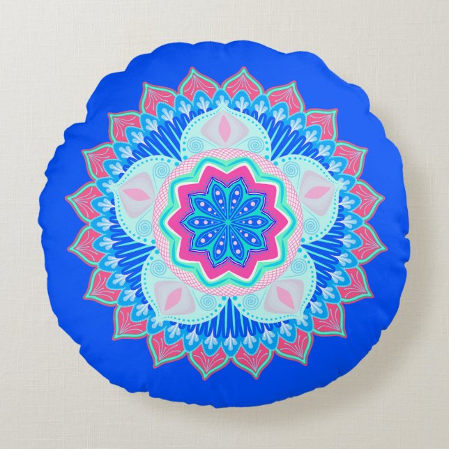 Mandala Blå Rosa på Blå Bakgrund Rund Kudde (Framsidan)