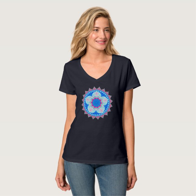 Mandala Blå Rosa T Shirt (Hel framsida)