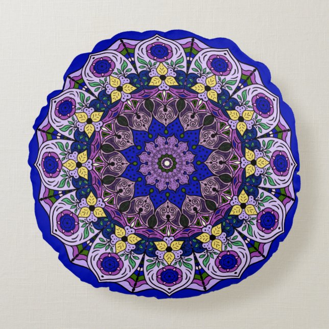 Mandala Blåbär Blå Violett Rund Kudde (Framsidan)