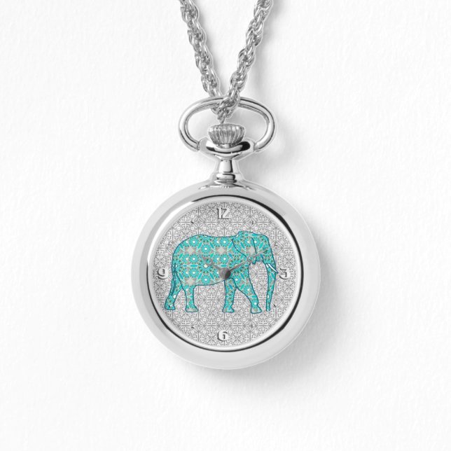 Mandala-blomelefant - turkos, grått och vitt armbandsur (Framsida)
