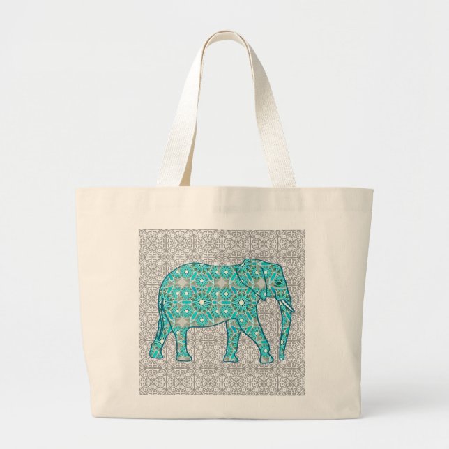 Mandala-blomelefant - turkos, grått och vitt jumbo tygkasse (Framsidan)